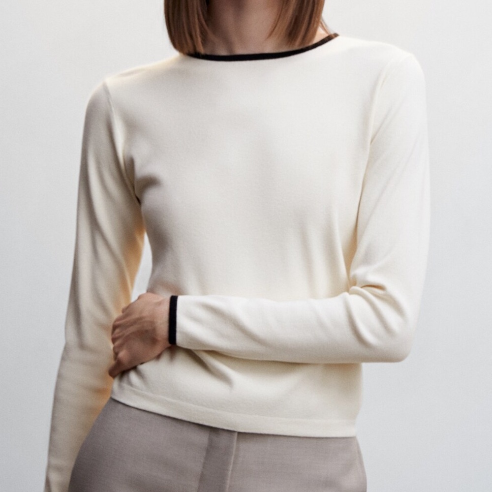 Mango Women’s Contrast Trim Sweater Ecru Size XS
